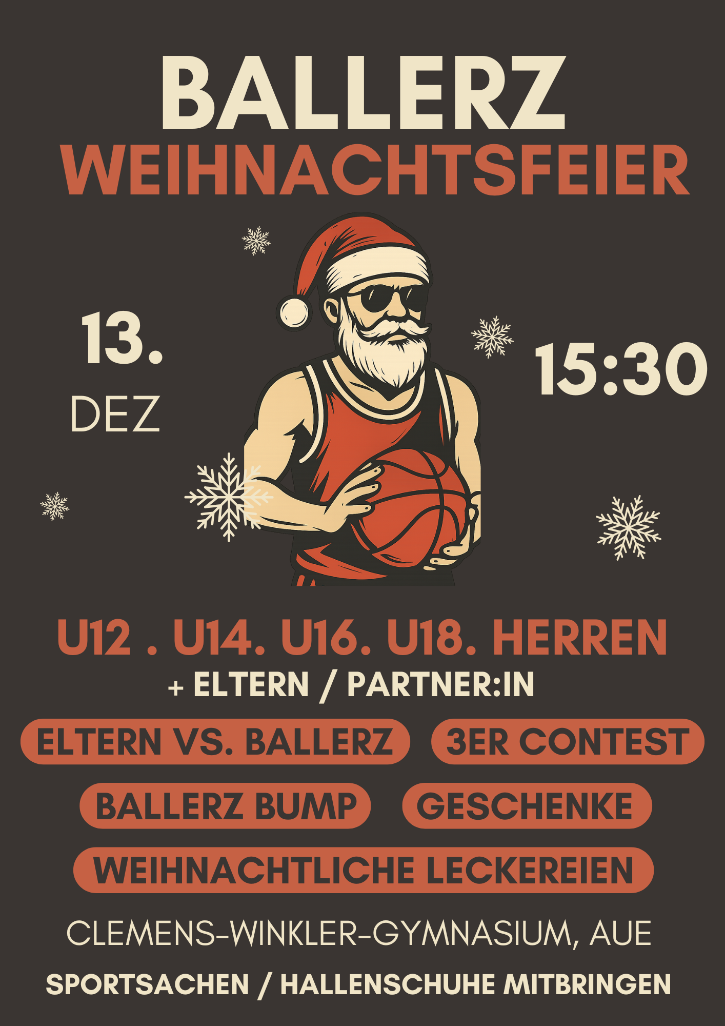 Flyer zur Ballerz Weihnachtsfeier. 13. Dezember, 15;30, Alle Altersklassen, Clemens-Winkler-Gymnasium