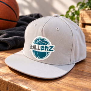 Graues Basecap mit Ballerz Logo auf der Vorderseite auf einer Holzkommode liegend mit Basektball im Hintergrund